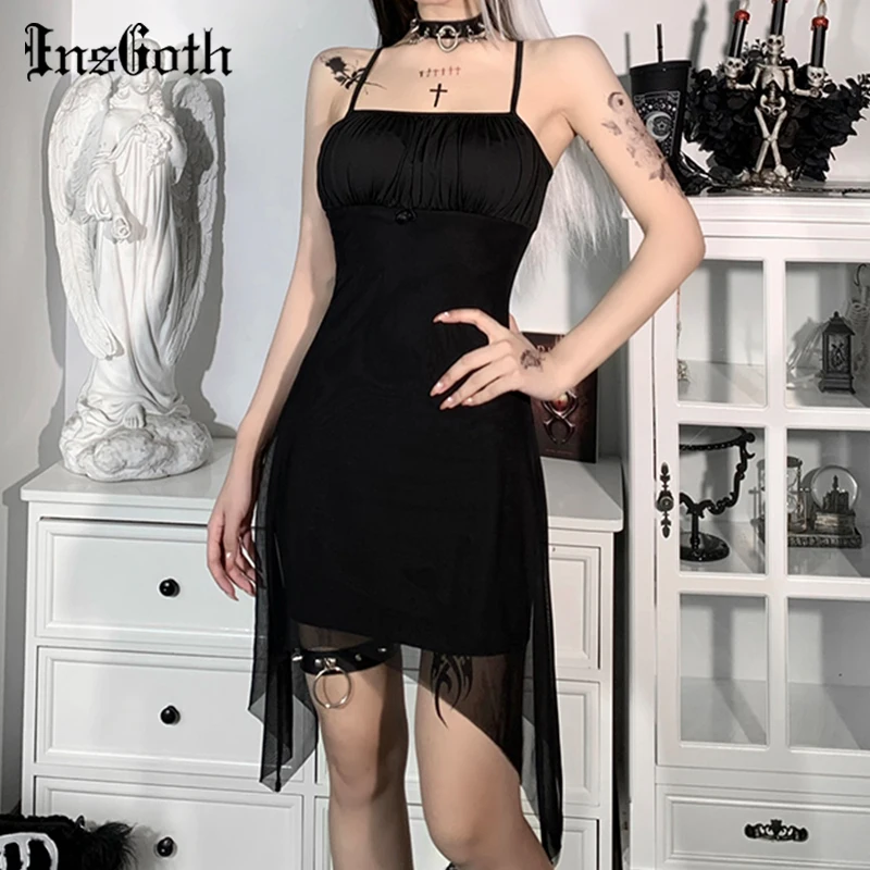 

InsGoth Goth Sexy Black Ruched Dress Aesthetic Women Mesh Patchwork Sleeveless Mini Dresses Elegant Fairy Grunge Partywear Dress