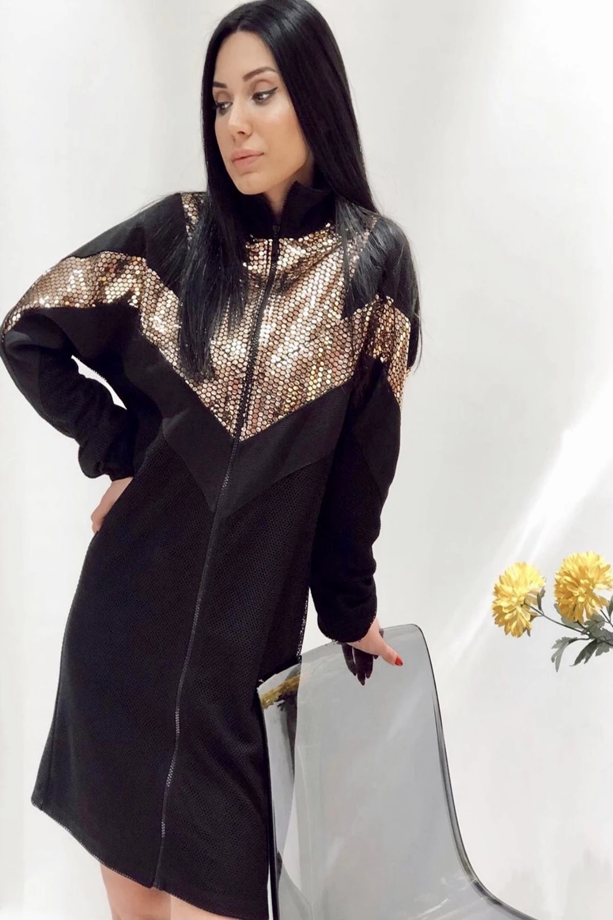 

Women's Black Gold Detailed Zipper Coat Dress