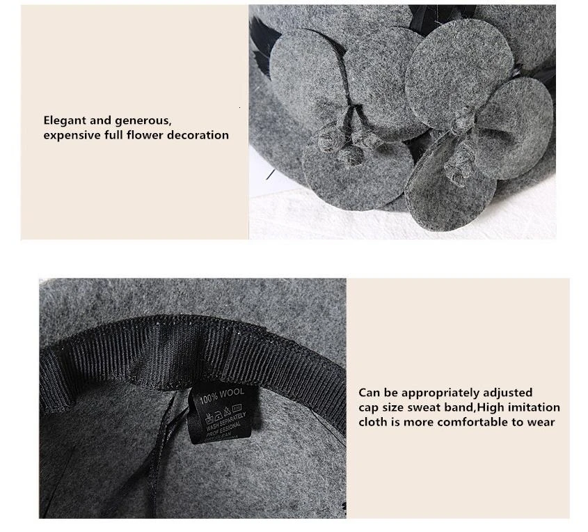 

100% Wool Hat Autumn Winter Flower Wool Beret Hat British Female Elegant Girlfriend Gift Female Australia Vintage Floral Beret