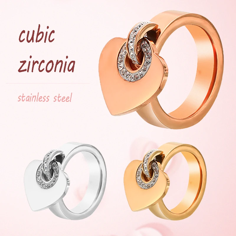 Модные кольца из нержавеющей стали с кубическим цирконием кулон в форме сердца