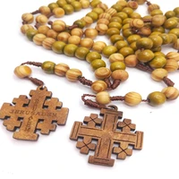 2021 new natural wooden catholic rosary cross jerusalem weaving religious necklace