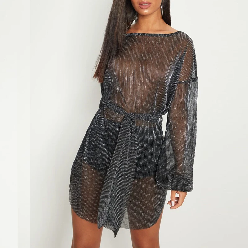 Винтажное пляжное платье с длинным рукавом женское поясом Женский Летний