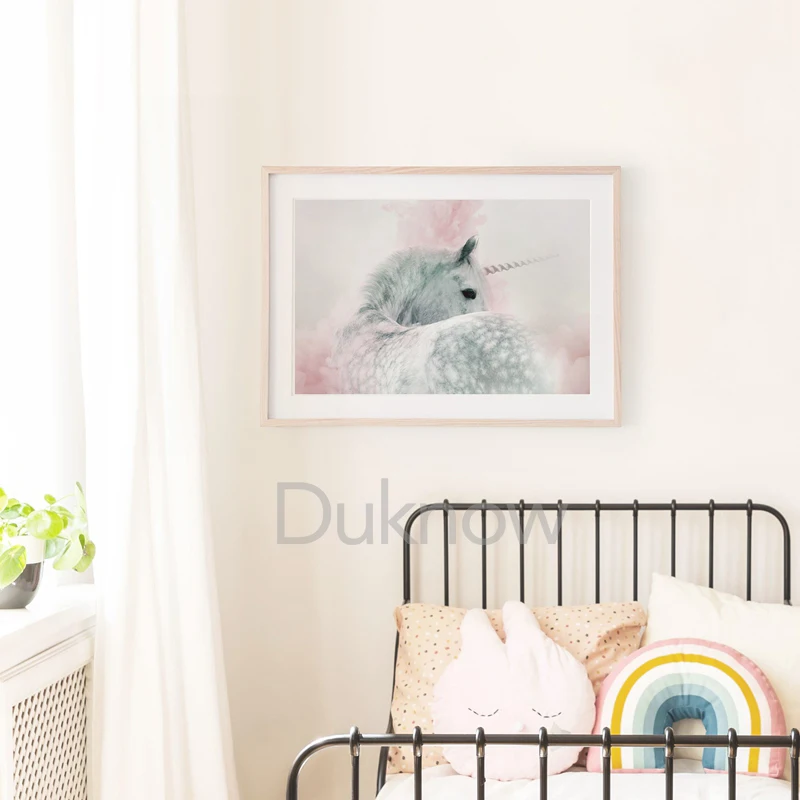 Девочки Спальня украшения Единорог Детская Wall Art печати и плакат розовой радугой
