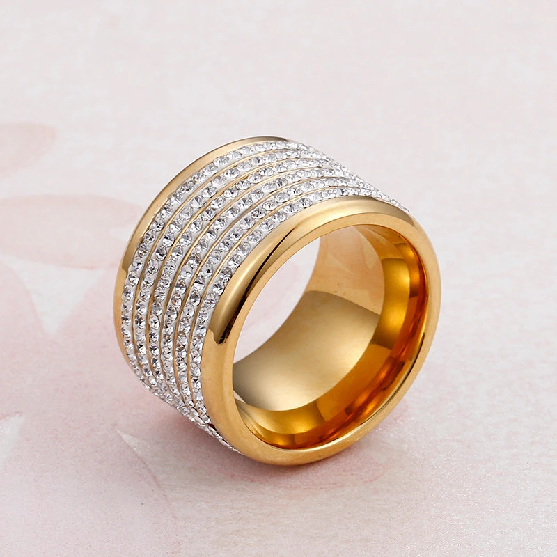 

Full Rhinestone Wedding Engagement Rings For Women Stainless Steel Italy Gold 14mm Width Size 6 7 8 9 Finger Rings Jewelry