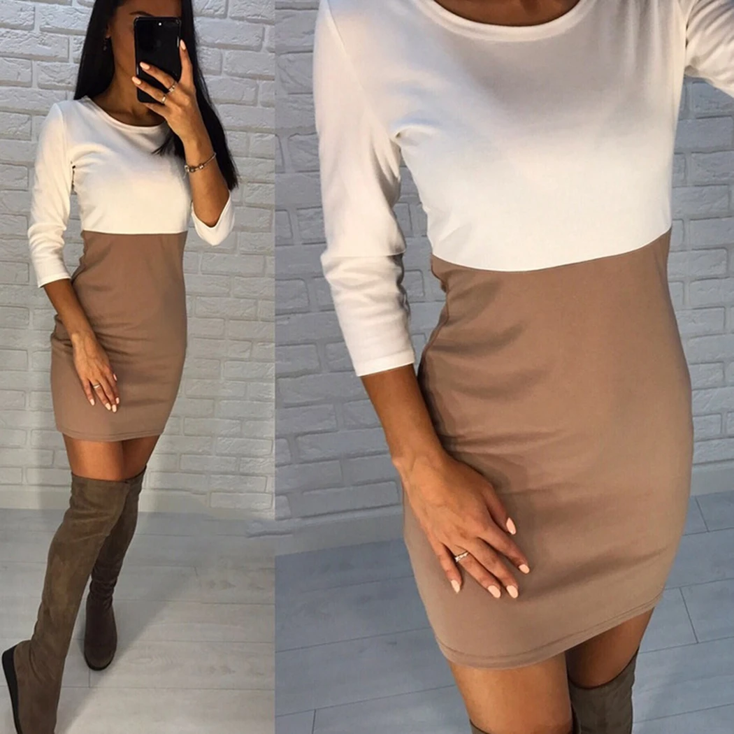 Женское облегающее платье в стиле пэчворк 3 цвета три четверти мини-платье