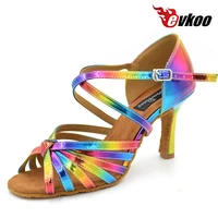 free shipping latin salsa shoes lady evkoodance rainbow color 2017 leather 8 3cm heel ballroom latin dance shoes women evkoo 074