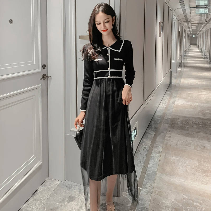 Повседневное элегантное лоскутное однобортное платье с отложным воротником и