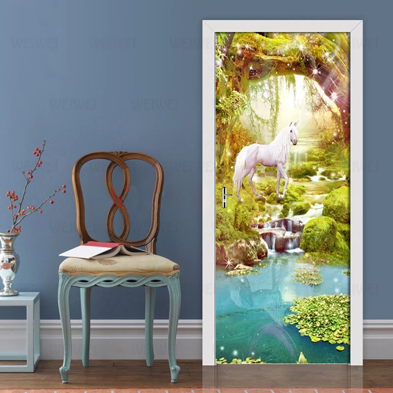 Съемные двери наклейки лес вид на озеро Белая лошадь Водонепроницаемая Гостиная