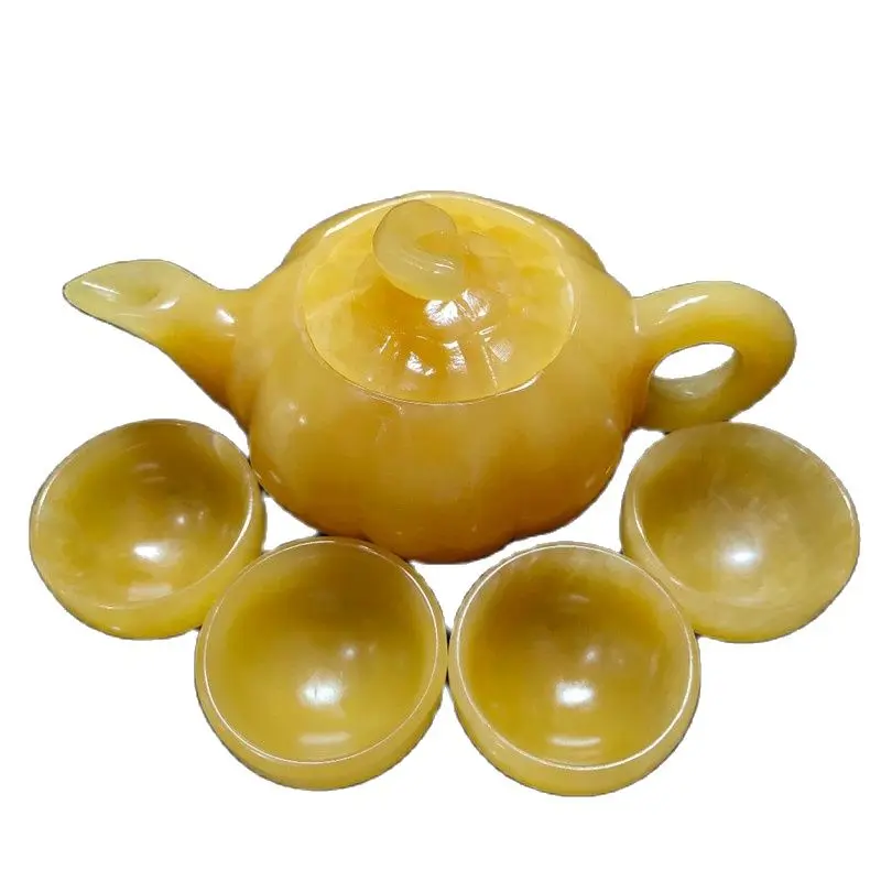 

China Handmade Jade Carving Natural Yellow Jade Kungfu Teapots And Bowls In China