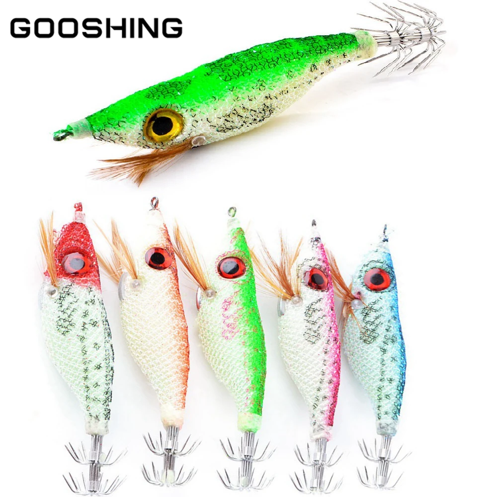 

GOOSHING Squid Lure Fishing Lures 5pcs/Lot Easy Shiner Big Eyes Wood Luminous Shrimp Jigging Bait Jig Hook Fishing Accessories