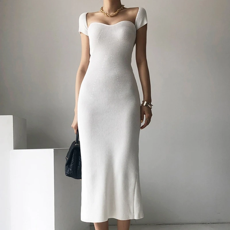 Вязаное длинное платье с разрезом на талии элегантное женское эластичное без