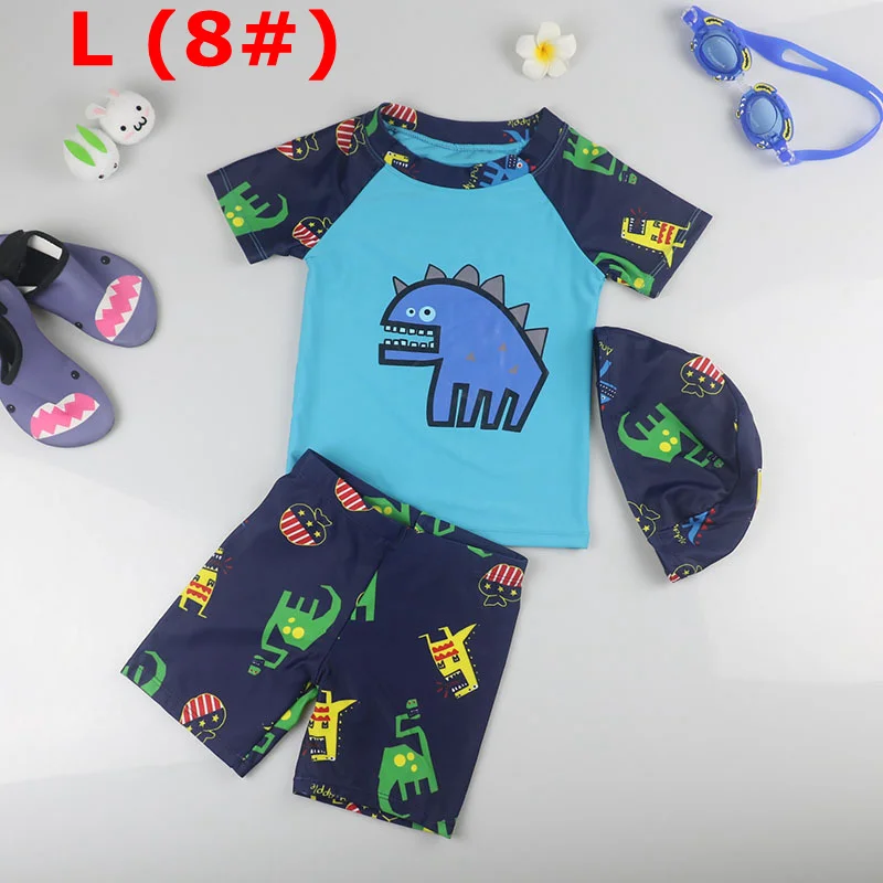 BLUE L Boy Baby Swimwear Dinosaur Swimming Suit for Boys Short Sleeves Toddler Kids Children's Swimwear Beach Clothes Bathing Suit 3pcs - Цвет: BLUE L