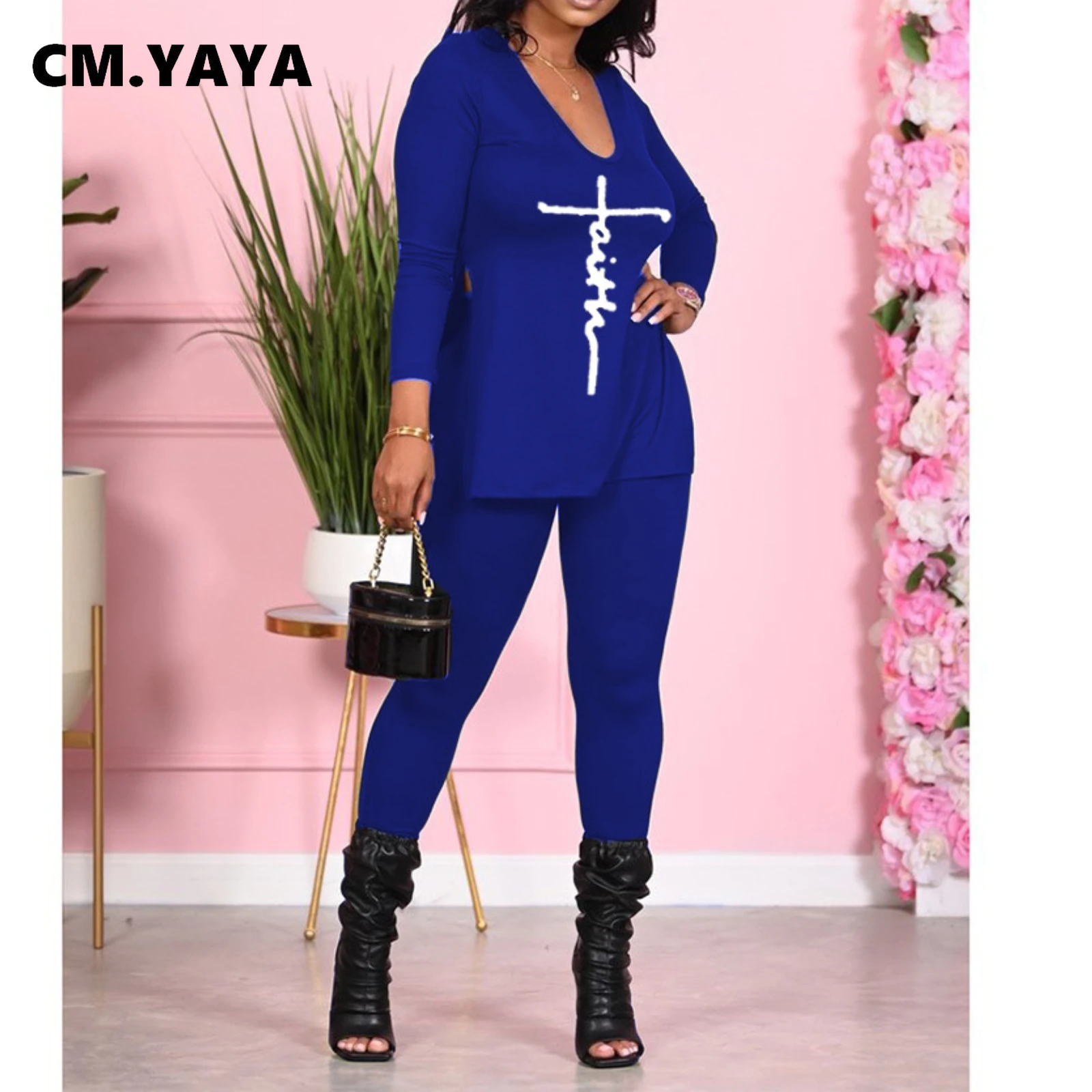 

Женский спортивный комплект одежды CM.YAYA из двух предметов, футболка с длинным рукавом и буквенным принтом и брюки, подходящий комплект