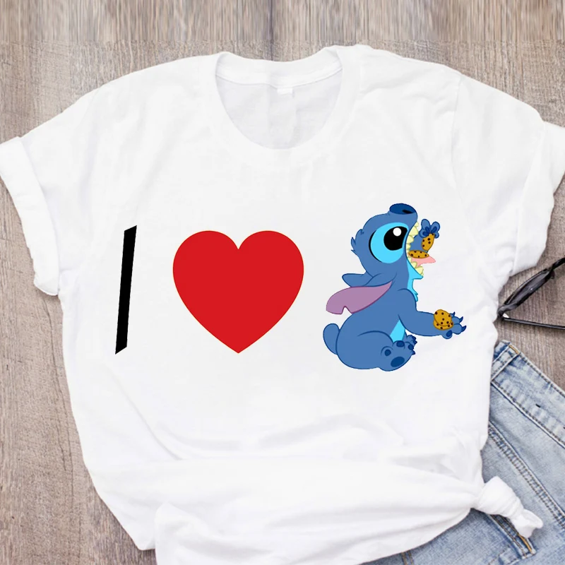 Women Cartoon Stitch Print Short Sleeve 90s Coffee Dog Cute Womens Summer Lady Clothing T-Shirt Shirt Tops Tees Female T | Женская