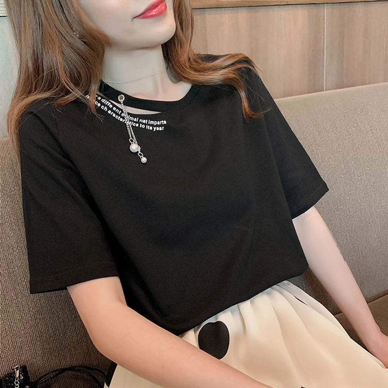 Женские летние футболки 2020 забавные ажурные с жемчугом Женская хлопковая