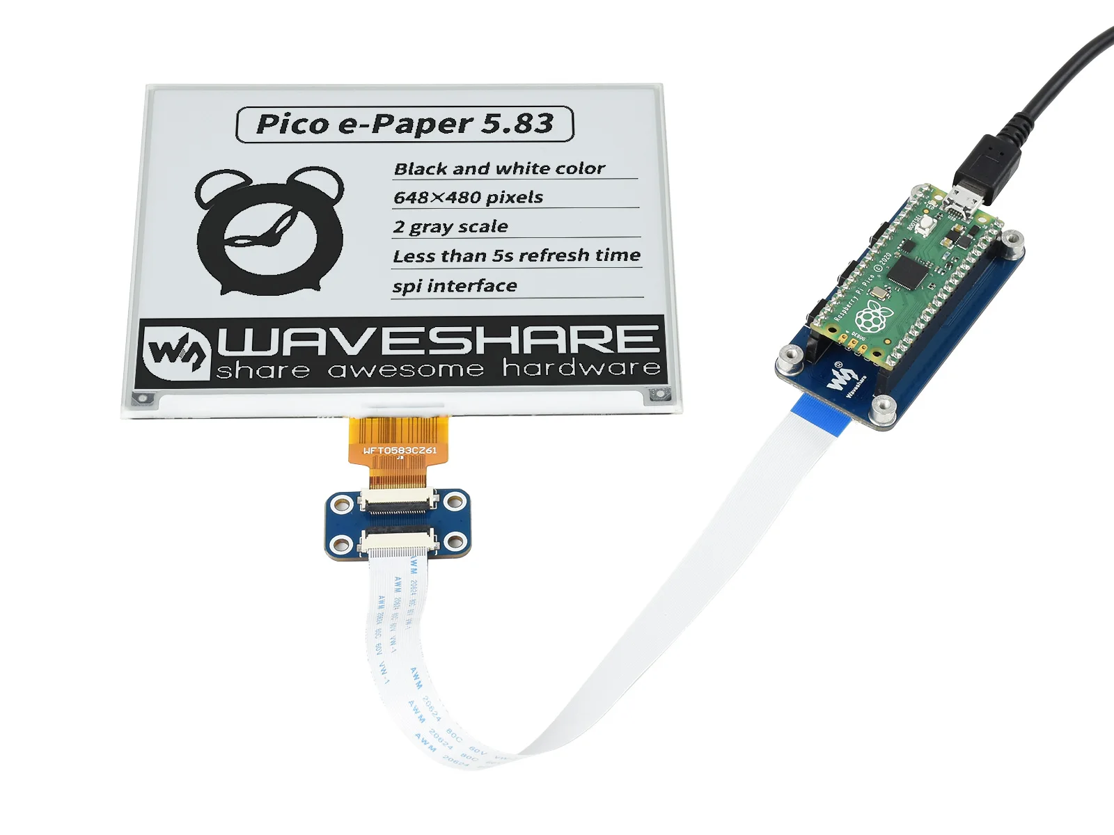 Waveshare 5, 83  E-Paper E-Ink    Raspberry Pi Pico, 648  480 , /,  SPI