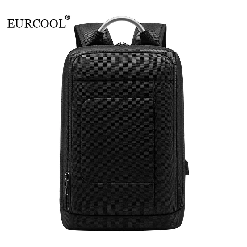 

Мужской рюкзак из ткани Оксфорд EURCOOL, черный деловой Тонкий рюкзак с возможностью увеличения объема, с USB-разъемом, легкая водонепроницаемая...