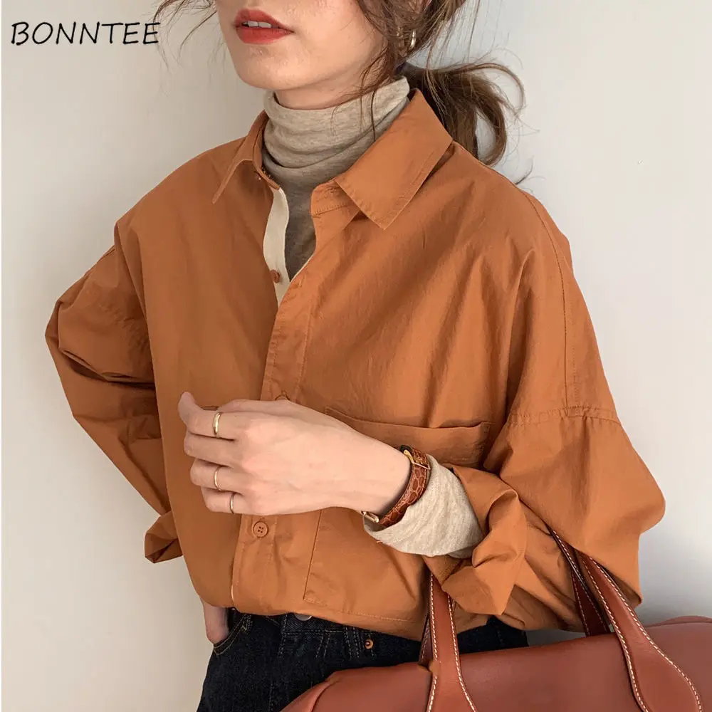 

Blouses Women Neutral Color Clothes Female Pockets Pure Casual Simple Spring Popular Baggy College Orange Korean Style Outerwear