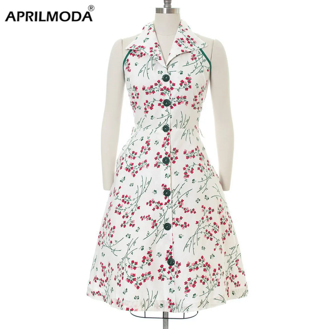 Ретро винтажное летнее праздничное платье на пуговицах спереди с цветочным