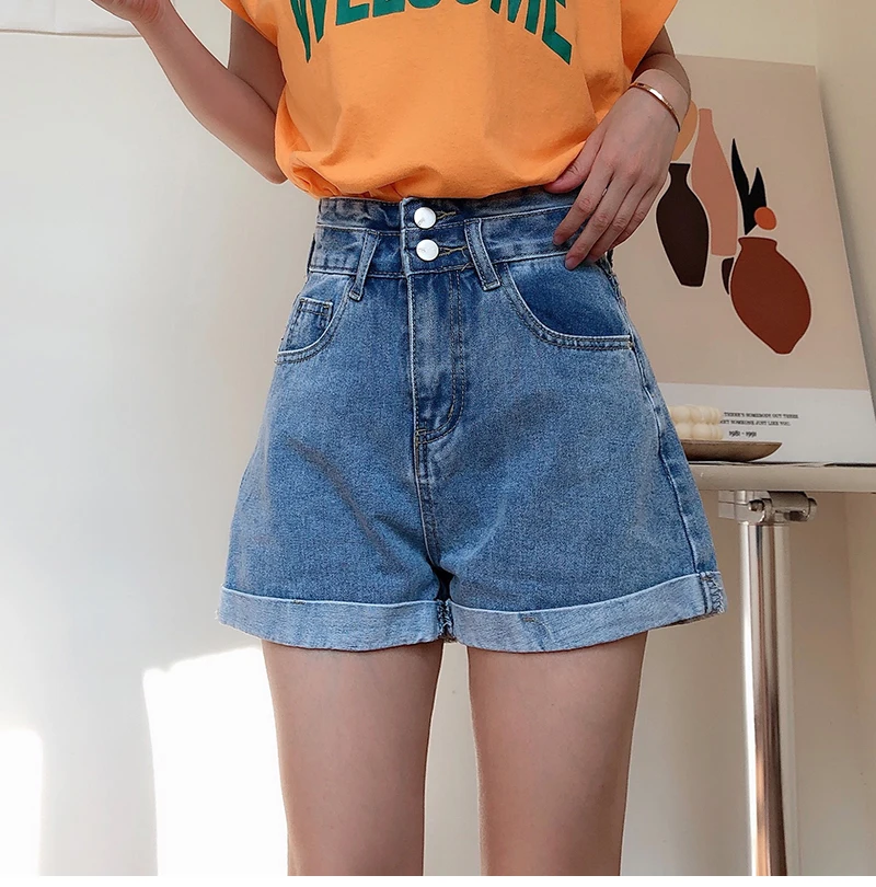 

5XL Retro Sexy High Waist Frayed Denim Shorts Summer Streetwear Fashion Rolled Double Buttons Zipper Fly Jeans