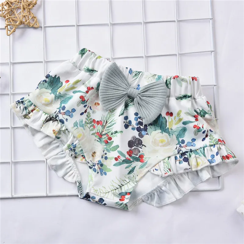 

Cute Baby Girls Summer Clothing Set Newborn Ruffles Splice Short Sleeve Ribbed Romper Tops+Floral Printed Bow Shorts+Headband