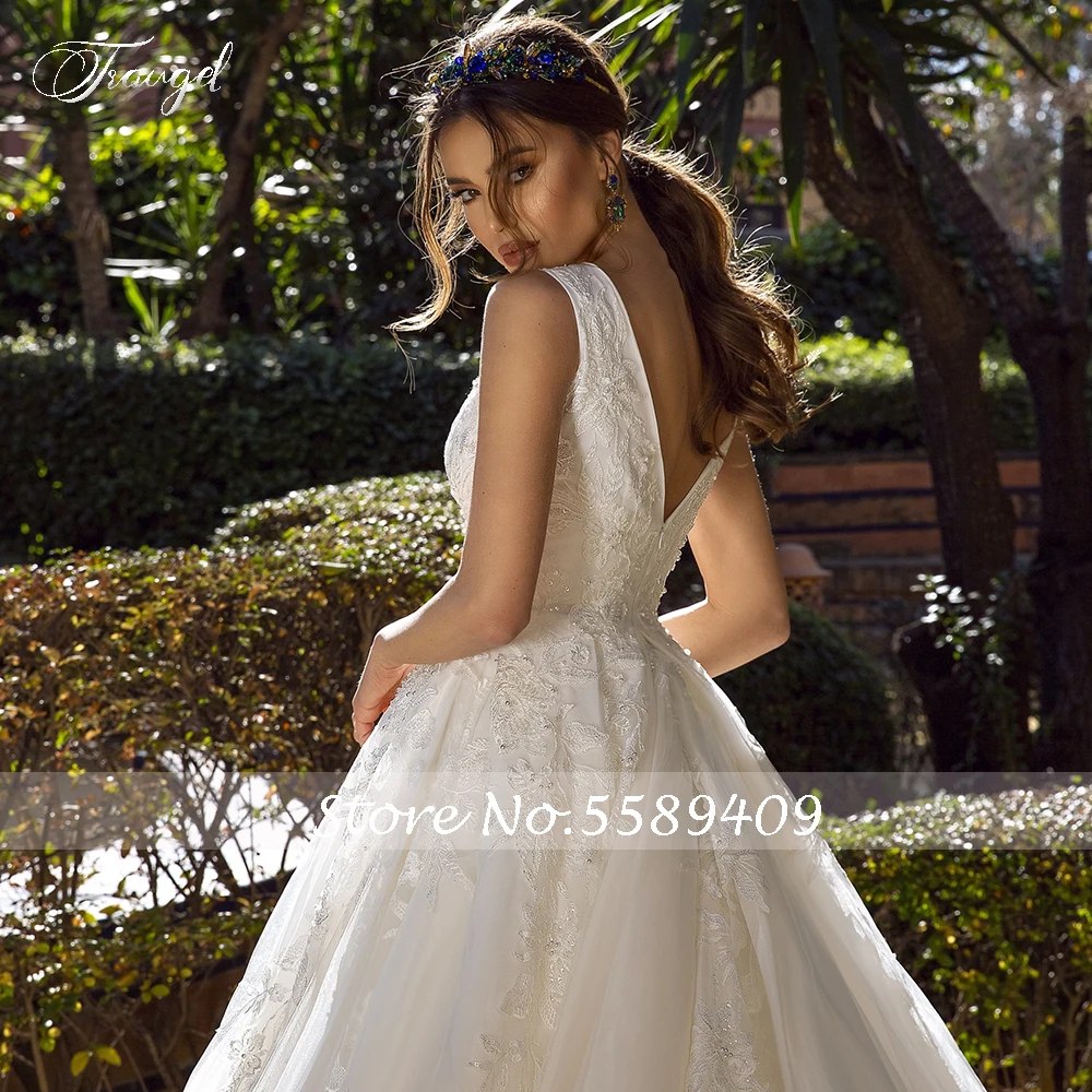 

Traugel Sexy BacklessV Neck Lace Vintage Wedding Dresses Elegant Applique Beaded Zipper Cathedral Train A Line Bridal Gown