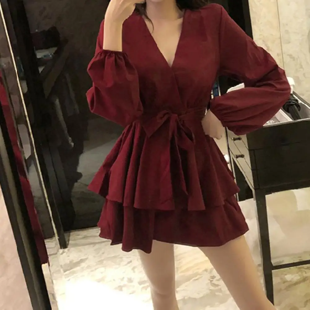 

Women Elegant Fashion V-neck A-lineskirt Loose High Waist Cross Tie Long Sleeve Women Dress Party Dress Ladies Holiday Beach