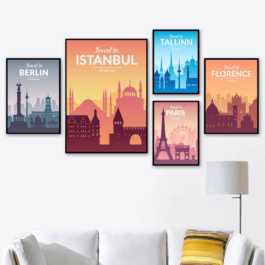 Плакаты и принты в скандинавском стиле с Парижем Берлином амбулом Прагой
