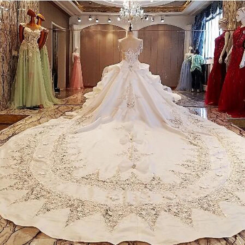 

vestido de noiva Dubai Arabic Luxury Rhinestone Appliqued Lace Bead Bride Gown Church robe de mariee Wedding Gowns Chapel Train
