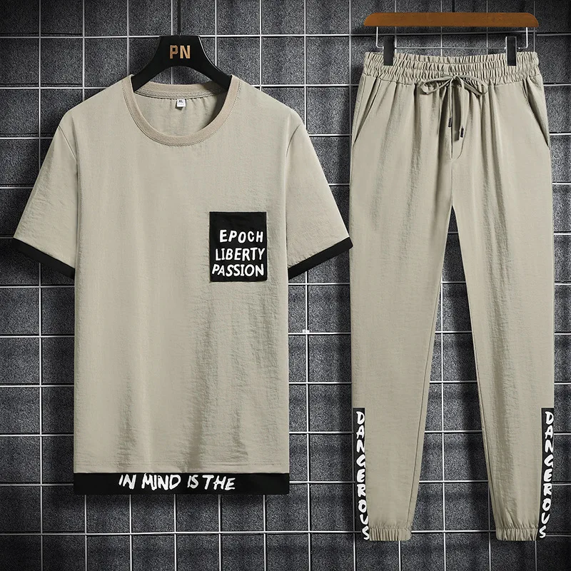 

2021 summer new suit men's sports trend casual loose ice silk T-shirt blue two-piece set