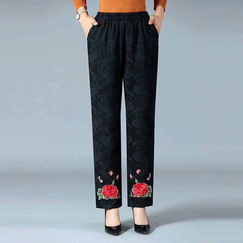 

Large Size Casual Warm Cotton-padded Trousers For Women 2021 Winter Loose Elastic Waist Pants Vintage Embroidery Straight Pants