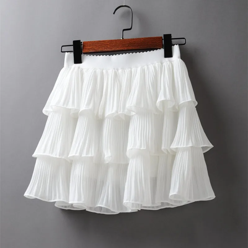 

2021NEW 2021 Summer Women Elasticity Waist Mini Skirt Ladies Chiffon Skirt Ladies Casual Cake Skirts Black White Femme Pleated