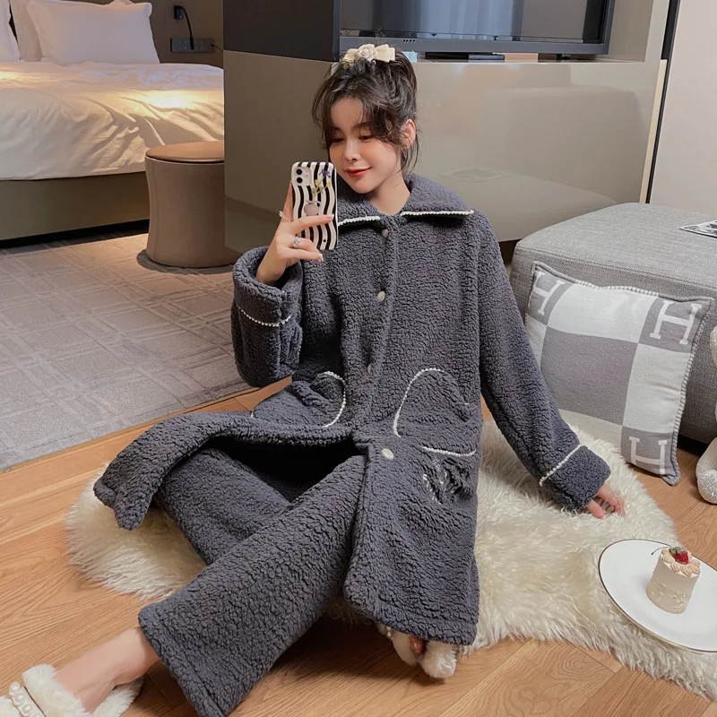 Lapel Pajamas Set For Lady Flannel Sleepwear 2PCS Robe&Pants Suit Winter Lounge Wear Casual Intimate Lingerie Warm Home Wear