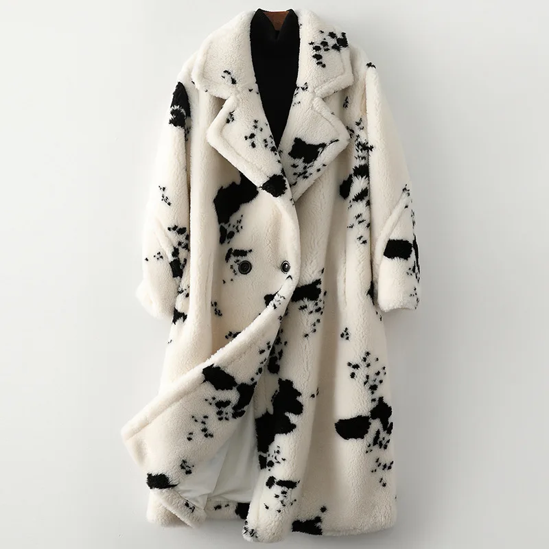 

Winter High Quality Thickened Warm Wool Fur Coat Women's Spring Granular Sheep Shearing Overcoat Loose Long Cow Print