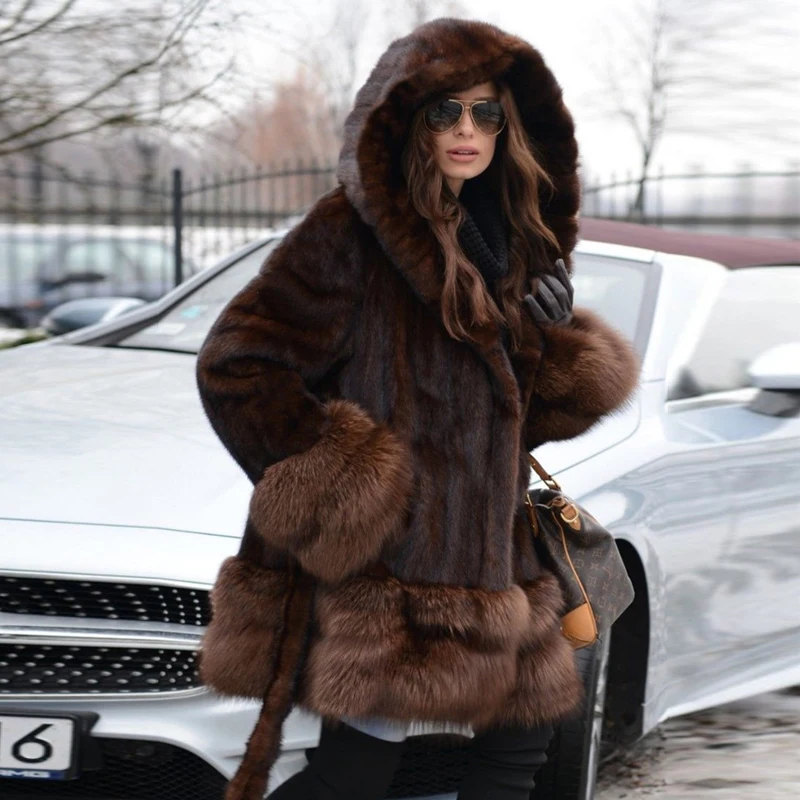 2022 Fashion Hooded Women Real Mink Fur Jacket With Fox Fur Bottom And Cuff Winter Thick Warm Genuine Mink Fur Coats With Belt