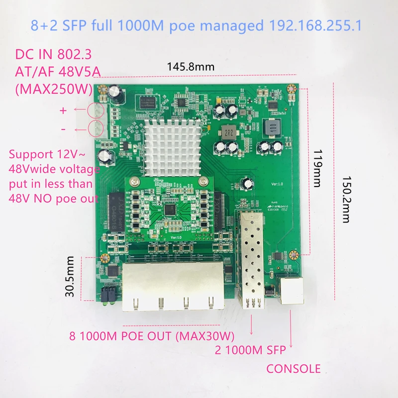 IP-коммутатор 8 портов 10/100 Мбит/с PoE Ethernet модуль коммутатора с 2 Гбит/с SFP-слотами
