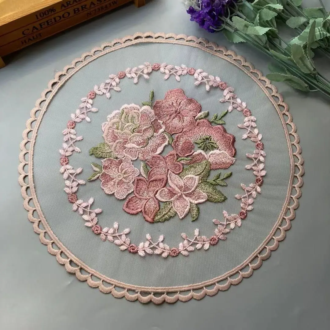 

2 PCS Pink Embroidered Flower Mesh Lace Applique Trims for Covers Curtain Home Textiles Sewing Strip Ribbon Fabric 28*28 cm New