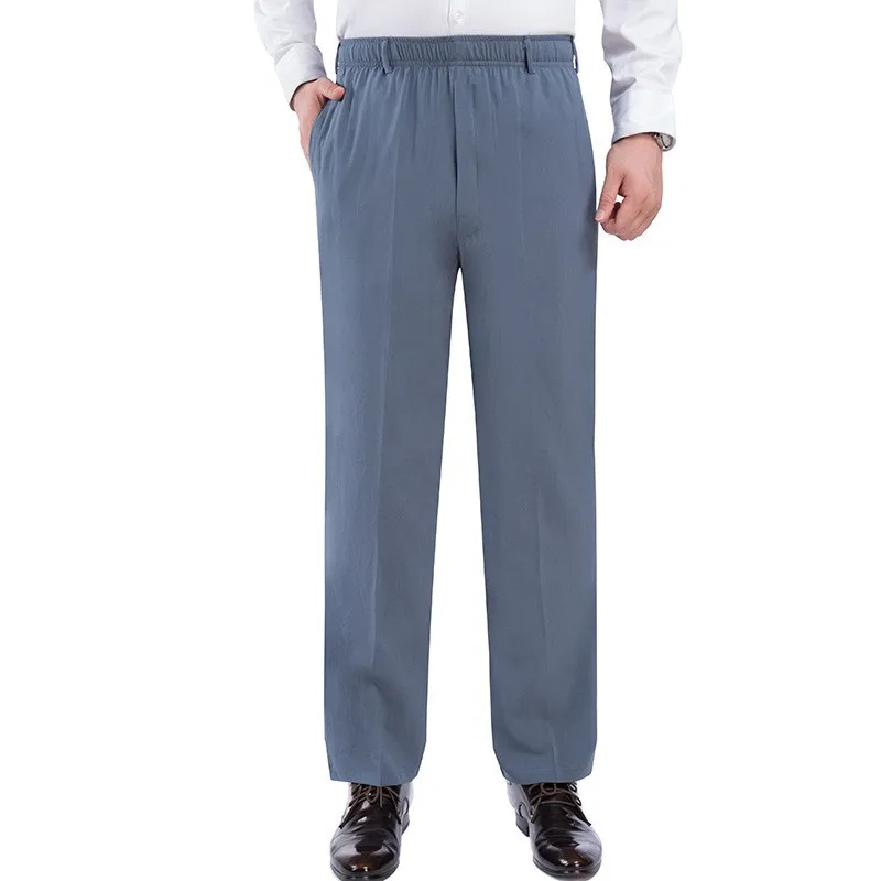 Мужские летние шелковые брюки среднего возраста Длинные свободные повседневные