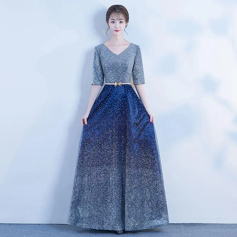 Женские Роскошные Блестки с поясом v-образным вырезом Сексуальные Cheongsam Chinsese Qipao Цвет Новинка вечерние платья макси плюс размер 3XL 4XL - Цвет: Navy Blue
