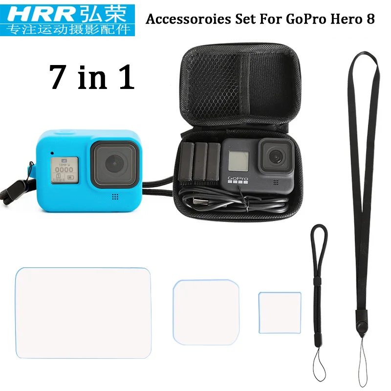 

7in1 for GoPor Hero 8 Black Accessoires,Silicone Cover/EVA Case Bag/Tempered Glass Screen Protector/Lanyard/Wrist Strap go pro 8