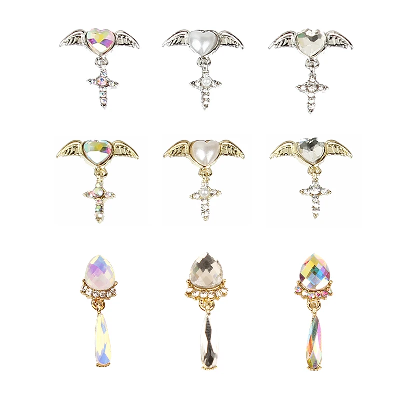 10 Pcs/lot Gold Heart Wing Pendant Design Diy Studs For Charms Strass Nails Art Alloy Metal AB Rhinestones 3D Decor Nail | Дом и сад