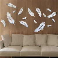 16 pcs 3d feather shaped acrylic mirror wall stickers mirror mural bedroom living room decor home decoration accessories