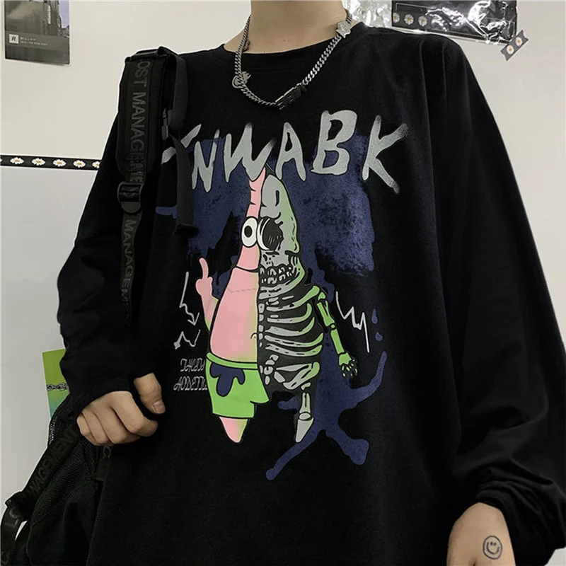

2021New Long Sleeved Couples Dinosaur T-Shirt Popular Loose Sunshine Department Student Korean Cartoon Clothes Trendy Cute Tops