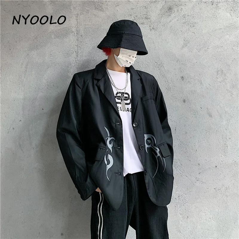 NYOOLO Harajuku Винтажная с драконом принт женский костюм с карманами Осенняя уличная одежда с длинным рукавом однобортное пальто женская мужская одежда верхняя одежда