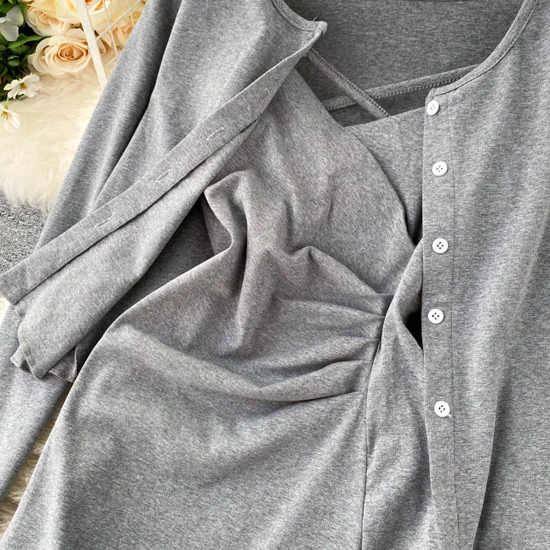 

Women's Autumn Cardigan+Dress Two Piece Fashion Set 2020 New All-Match Backless Sexy Slim Sling Vestidos+Tops P457