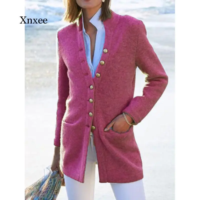 

Women Casual Soild Coat Jacket Long Sleeve Single Breasted Cotton-Blend Outerwear
