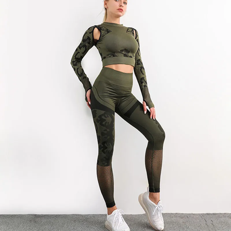 

Autumn Winter Seamless Yoga Set Gyms Long Sleeve Crop Top High Waist Yoga Pants Fitness For Leggings Camouflage Sport Suit