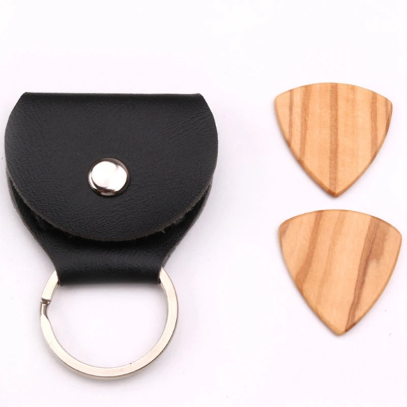 

Guitar Leather Pick Clip Key Chain Box Guitar Solid Wood Pick Wooden Pick Set