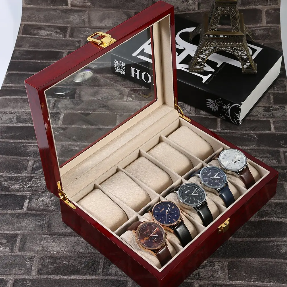 Koop Houten/Lederen 8/10/12 Grids Horloge Display Sunglass Case Duurzaam Verpakking Houder Jewelry Collection Organizer Doos