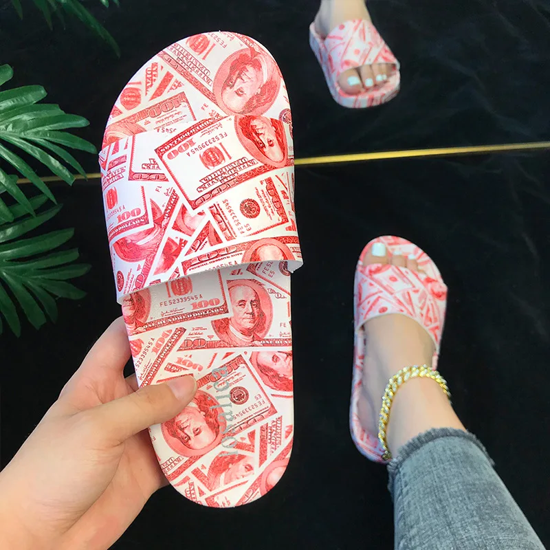 

Women Summer Flat Dollars Graffiti Slippers Lady's House Designer Slides Platform Sandals Indoor Beach Flip Flops Brand Shoes